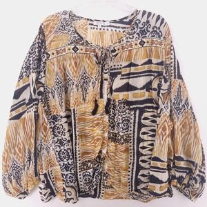 Anthropologie Love & Kyla Blouse V-Neck Button Up XL Geometric Multi-Colored